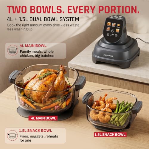 Image of Domestica Aerion Air Fryer | Pure Glass Visible Cooking | 4L + 1.5L Dual Bowl | 5 in 1 Airfry, Bake, Recrisp, Keep Warm | Dishwasher Safe | Soft Touch Button Controls | 1500W | 1 Yr Warranty