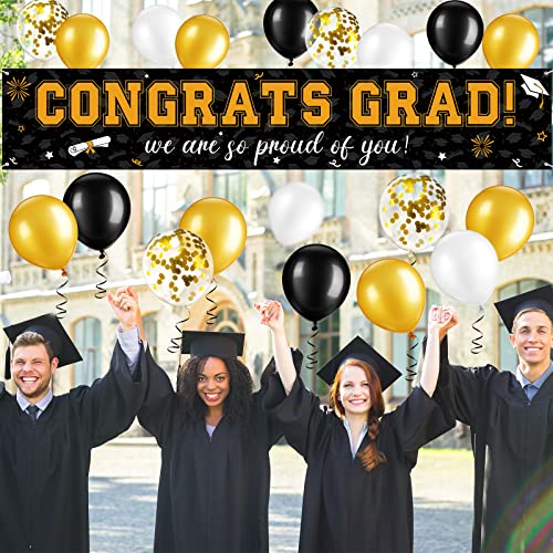 Image of 37Pcs Graduation Banner Balloon Decorations Class of 2026, Congrats Grad Banner Yard Outdoor Decorations, Graduation Balloons Banner Set for High School College Graduation Party Supplies, Black & Gold