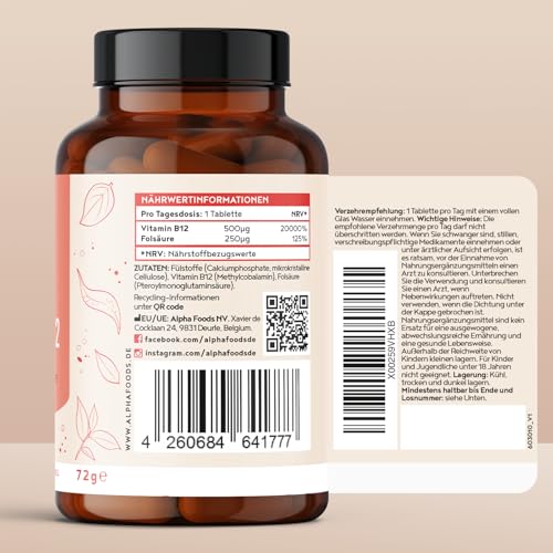 Vitamin B12 hochdosiert | 400 vegane Tabletten für 1+ Jahr Versorgung | 500µg Vit B12 und 250µg Folsäure pro Tagesdosis | Hochdosiert & ohne Zusatzstoffe | Alpha Foods