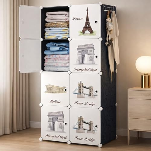 Image of AYSIS 𝟖 𝐋𝐚𝐲𝐞𝐫 Plastic Wardrobe for Kids Clothes | Foldable Almirah Clothes Storage Cabinet with 4 Doors | Space Saving Organizer for Clothes, Kitchen, Bedroom & Living Room - Black