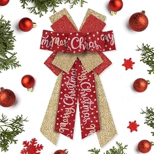 Hying Large Christmas Bows for Wreath Christmas Wreath Bow Glitter Golden Red Burlap Bows Xmas Tree Topper Bows Ornaments for Front Door New Year Christmas Party Decoration Supplies
