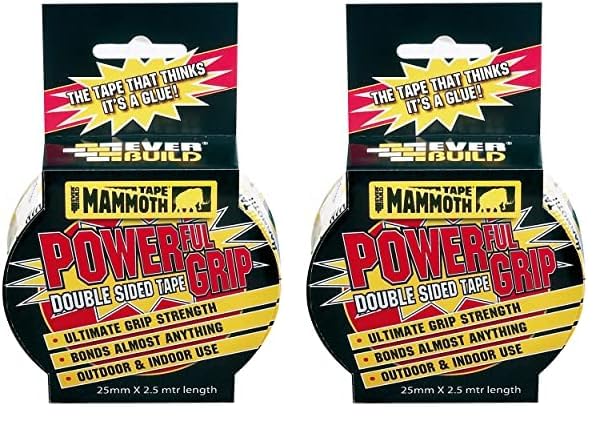 Everbuild Mammoth Powerful Grip Tape, Reinforced Double Sided Tape, Clear, 25 mm x 2.5 m (Pack of 2)