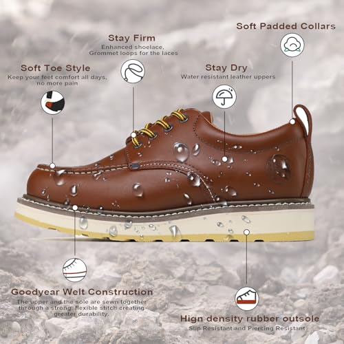Men's Slip Resistant Work Shoes - 4" Brown Durable Oxford Style, Breathable & Soft Toe H829943