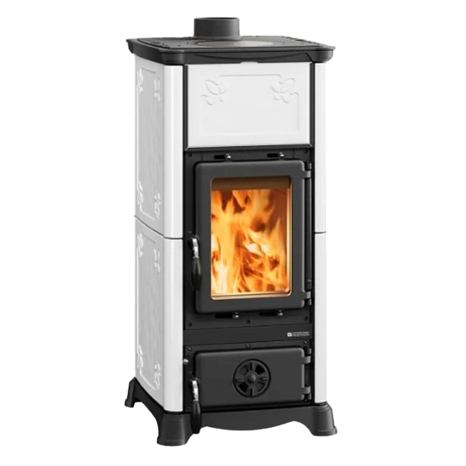 La Nordica Stufa a legna Emiliana 165 Majolica 6,5 kW, stufa a legna, aria esterna in ghisa, camera di combustione, risciacquo per vetri, fino a 186 m³ (bianco)