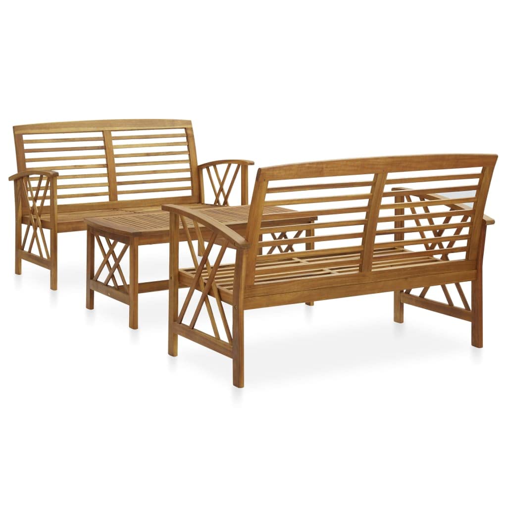 Juego de Muebles de jardín Madera Maciza de Acacia 3 Piezas, 2 Bancos y Mesa Centro, Mueble Exterior para terraza Patio balcón con diseño Resistente y almacenaje Ideal para Ocio y reunión al