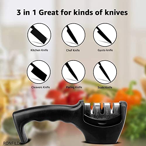 Image of Kitchen Knife Sharpener Tool kit self Sharping Knife Blade Sharpener Set Knife Sharpener, Manual 3 Stage Knife Sharpener for Kitchen