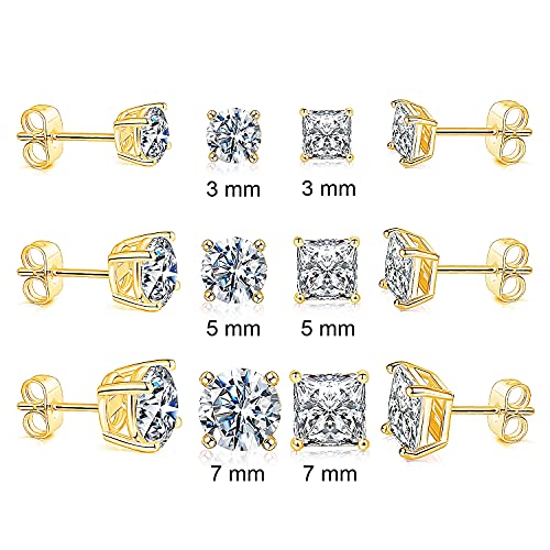 18K Gold Plated Round Princess Cut Clear Cubic Zirconia Stud Earring of 6 Pairs (6 Pairs)2