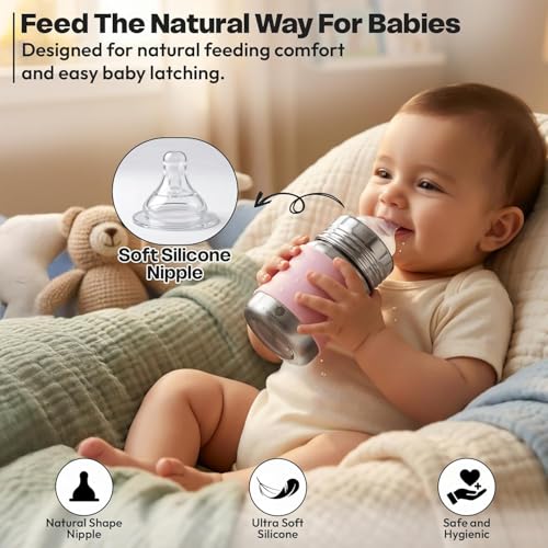 Image of StarAndDaisy 125ml Stainless Steel Baby Feeding Bottle for Newborns, Infants & Toddlers | SUS 304 Steel Milk Bottle | BPA-Free, Leakproof, Anti-Colic & Easy-to-Clean Feeding Bottle for 0+ Months (Pink)