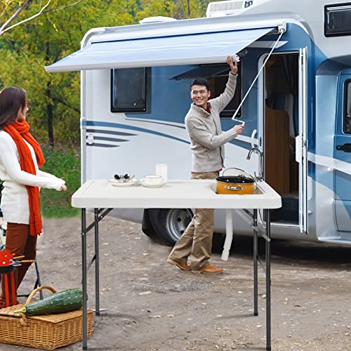 Outvita Mesa de Camping Plegable para Limpiar Pescado, 45" HDPE Estación Exterior con Fregadero, Grifo de Acero Inoxidable 360°, Manguera de Drenaje, Plataforma de Trabajo para Camping miniatura 2