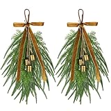 2 Pcs 19' Christmas Teardrop Swag for Front Door Artificial Norfolk Pine Teardrop Wreath Vintage Brass Bell Velvet Bow for Christmas Door Swags, Mantle, Stairway Window Xmas Home Hanging Decor