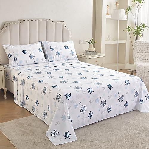 Image of Mooreeke Christmas Holiday King Sheets, Snowflake Printed King Bed Sheet Set with Deep Pocket Non-Slip Fitted Winter Sheet