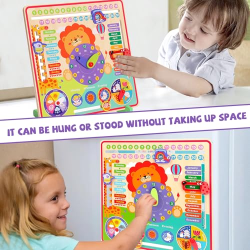 Image of Montessori Toys for 4 Year Old,Wooden Calendar and Teaching Clock for Kids Learning Clock for Telling Time, Date, Days of The Months, Seasons and Weather-Educational Toys for Boys and Girls（7 in 1）