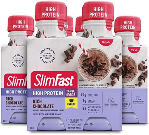 SlimFast Advanced Energy High Protein Meal Replacement Shake, Rich Chocolate, 20g of Ready to Drink Protein with Caffeine, 11 Fl. Oz Bottle, 4 Count (Pack of 3) (Packaging May Vary)