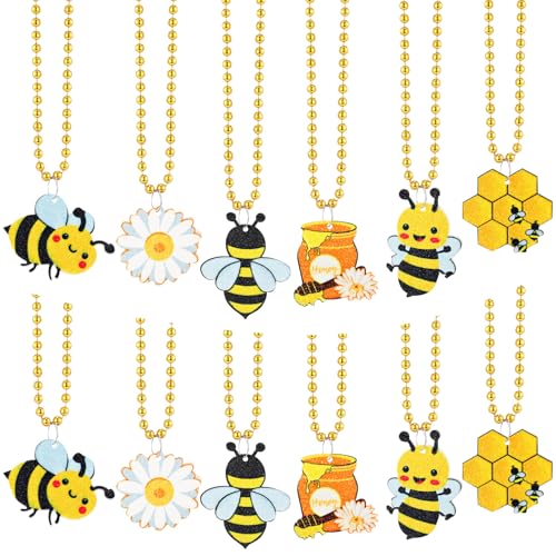 Quelay 24 Packs Bee Necklace Bead Flower Honey Pots Mardi Gras Beads for Bee Party Favors Bee Decorations