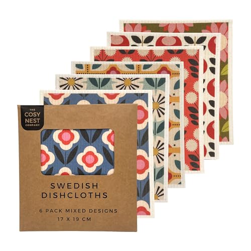 The Cosy Nest Company Swedish Dishcloths Pack of 6 Reusable Dish Cloths for Washing Up Absorbent Sponge Cloths for Kitchen Cleaning Eco Friendly Compostable Plastic Free Floral Design