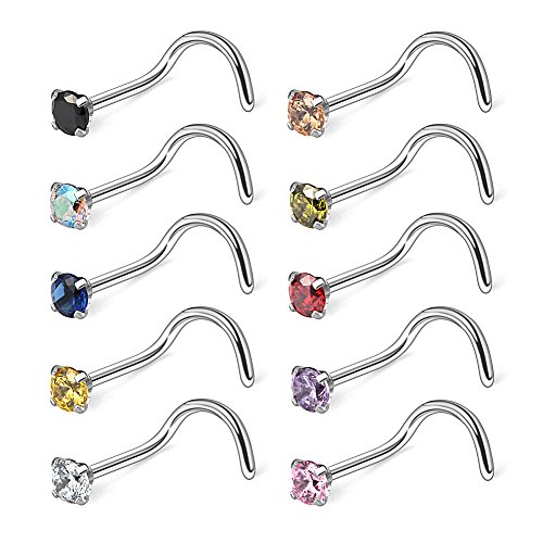 Ruifan 10PCS 18G Surgical Steel Mix Color Diamond CZ Nose Stud Rings Screw Piercing Jewelry 2.5mm