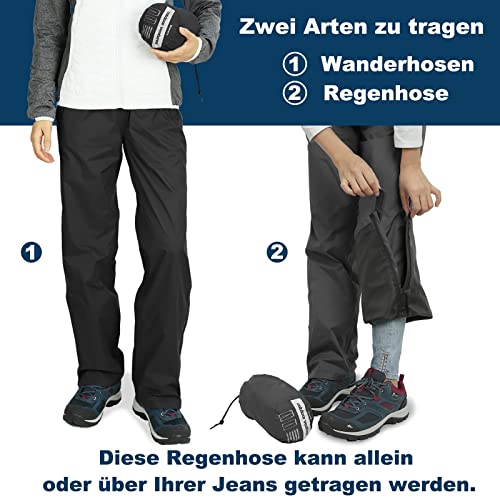 Outdoor Ventures Damen Regenhose Wasserdicht Atmungsaktiv Gefüttert Überziehhose - Winddicht Packbar Hose Leichte Softshellhose zum Wandern Fahrrad Schwarz 40