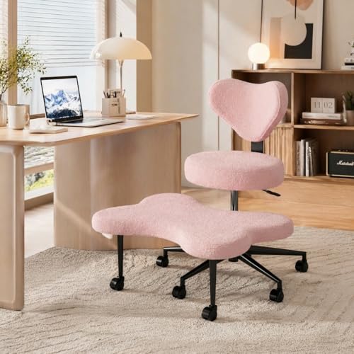 Image of Pinmoco Pink Criss Cross Chair with Heart Shaped Backrest, 31.5 inch Cross Legged Office Chair with Teddy Fleece, Armless Swivel Desk Chair for Home Office, Vanity & Reading, Adjustable Height