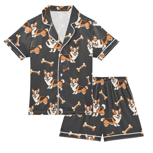 ALAZA Hipster Orange Dog Bone Puppy Satin Pajamas Set Short Sleeve Button Down Sleepwear Summer Pjs 2 Piece