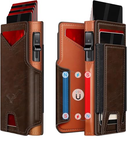 Image of VOGARD Smart Pop-Up Leather Wallet for Men & Women | RFID Blocking Card Holder with Money Clip | Slim Magnetic Bifold Wallet with Quick Access Button - Holds 14 Cards & Cash (Coffee Brown)