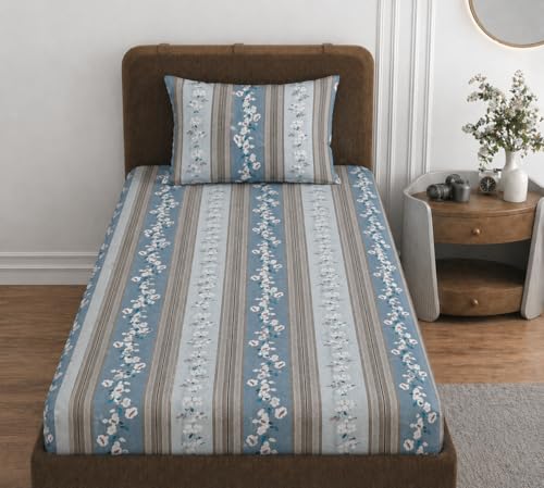 Image of VOMZER 310 TC Cotton Feel All Around Elastic Fitted Bedsheets Single Size, Premium Fitted Bedsheets Single Size for Single Bed with 1 Pillow Covers, Size- 72 inch x 36 inch (Grey Blossom)