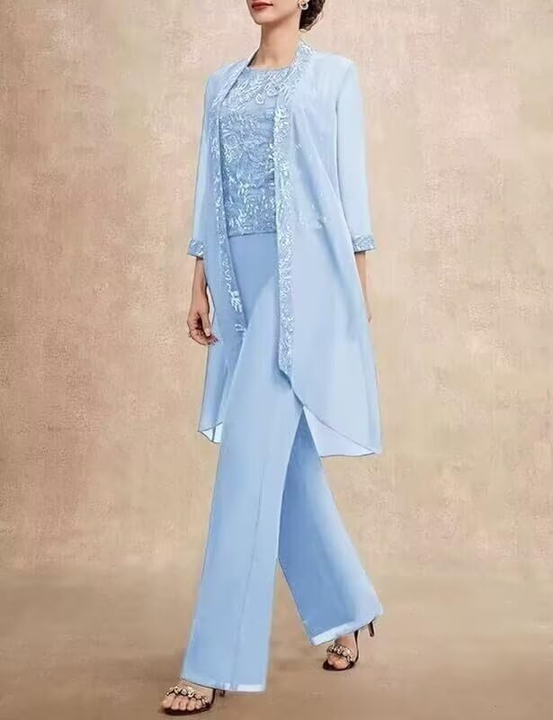 VK Selec 3 Pieces Mother of The Bride Pant Suits with Jacket 3/4 Sleeve Chiffon Pants Suits for Women2