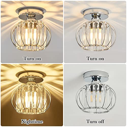 YYJLX Modern Semi Flush Mount Ceiling Light Fixture E26 Mini Crystal Chandelier Chrome Small Ceiling Lamp for Entryway Bedroom Bathroom Hallway Closet Foyer (Silver - Image 4