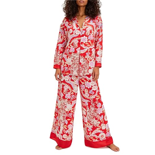 Image of Women Satin Pajama Set Floral Silk Pajamas 2 Piece Lounge Sets Button Down Shirts Wide Leg Pants Pjs Sleepwear