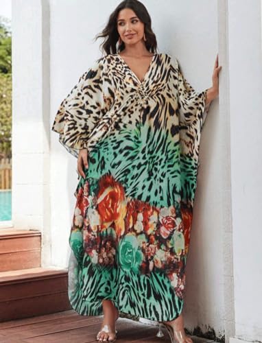 Image of KECVOT Kaftan Dresses for Women Plus Size Batwing Sleeve Caftans Long Bathing Suit Cover Up Maxi Beach Dress Loungewear
