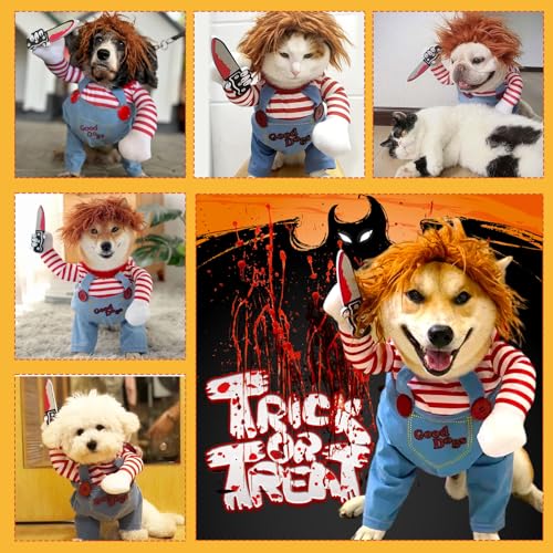 Halloween Kostüme für Hunde, Deadly Doll Verkleidungen für Haustier, Hund Schreckliches Kostüm, Lustige Hund Party Kleidung, Hundekostüm mit Messer Perücke, für Halloween Haustier Cosplay Party