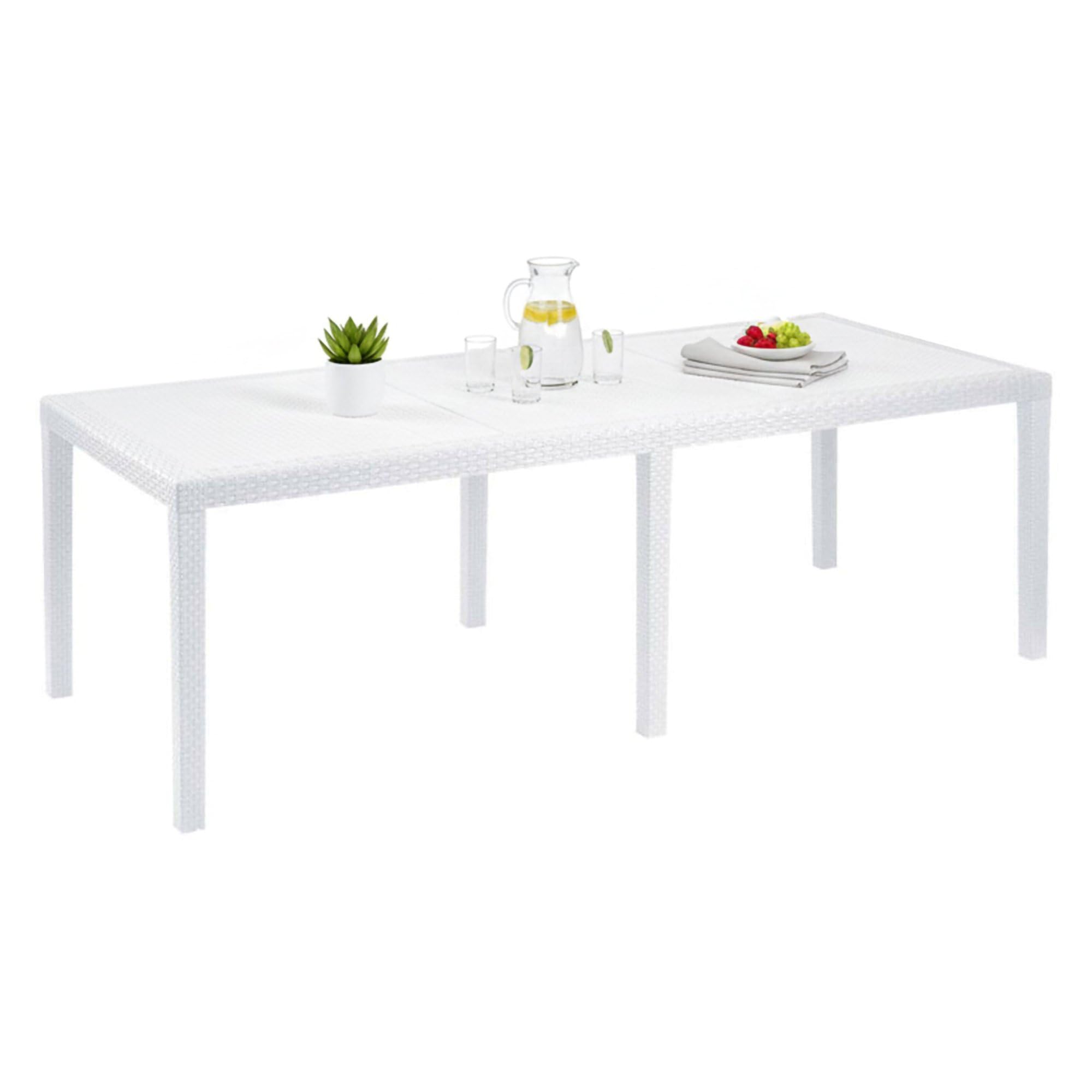 Dmora - Tavolo da esterno Roma, Ripiano rettangolare allungabile da pranzo, Tavolo da giardino estensibile effetto rattan, 100% Made in Italy, 150/220x90h72 cm, Bianco