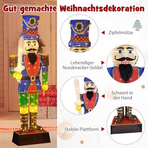 COSTWAY Weihnachten Nussknacker Figur groß, 184 cm beleuchtete Weihnachtsdeko XXL, Weihnachtsfigur mit Schwert & 110 LED-Lichtern, Weihnachtsdekoration, Weihnachtsbeleuchtung für außen und innen – Bild 5