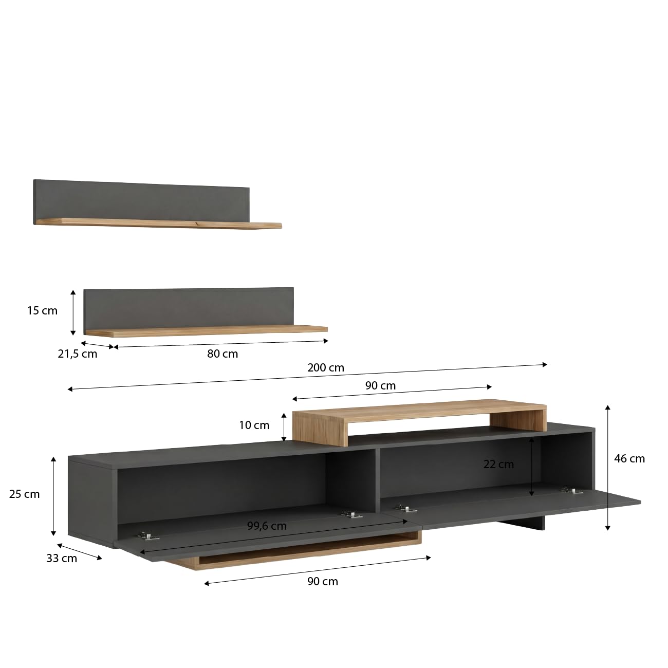 duehome | Mueble de Salón, Composición Modular de TV, Modelo: Bender 200, Acabado en Gris Grafito y Alpino, Medidas: 200 cm (Largo) x 33 cm (Fondo) x 46 cm (Alto)