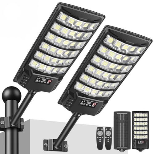 PEAKRO Lampione Solare Led Esterno, IP66 Impermeabile Faro con Pannello Solari, 6000K Lampione Stradale Solare Sensore di Movimento, Lampioni da Giardino Esterno con Telecomando per Garage Strada (2)