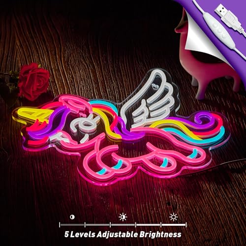 Image of Unicorn Neon Sign for Wall Decor Pink Flying Unicorn LED Light USB Powered Dimmable with Hanging Chain Gifts for Girls Kids Decoration for Bedroom Party