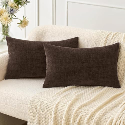 Image of MIULEE Pack of 2 Dark Brown Throw Pillow Covers 12x20 Inch Soft Chenille Lumbar Pillow Covers for Sofa Living Room Couch Fall Home Decor Solid Dyed Cases