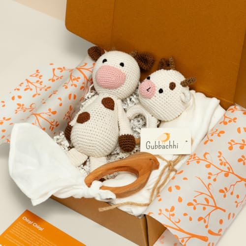 Image of Newborn Gift Set | Crochet Toy, Rattle, Neem Wood Teether & Muslin Swaddle Combo | Gifting Toy for Babies | 100% Muslin swaddlecloth | 3 Months+ (AMBA Toy & Rattle & Teether with Swaddle)