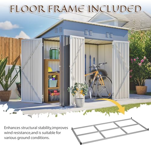 Image of YOPTO 4x8 FT Outdoor Storage Shed with Floor Frame,Metal Shed W /Left /Right Optional Lockable Door,Heavy-Duty Garden Tool Storage House W / 4 Air Vents & Sloping Roof,for Backyard,Patio,Lawn,Gray