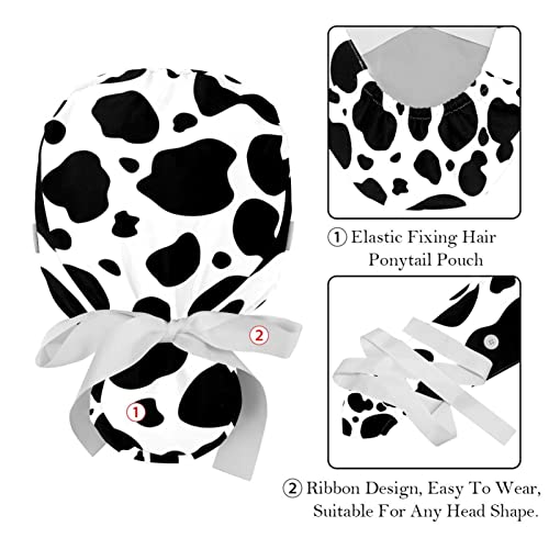 Image of 2 PCS Bouffant Cap with Button Ponytail Pouch Working Cap Sweatband Adjustable Surgical Cap Black and White Cow