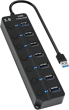 7-Port USB 3.0 Hub with Individual Switches Lights and 1FT Extended Cable