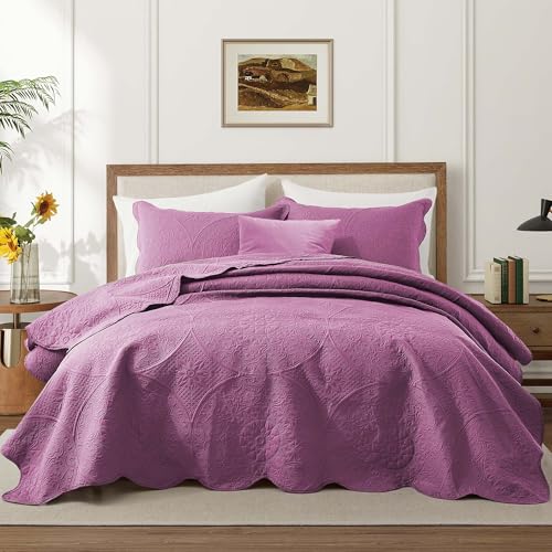 IR Imperial Rooms Queen Quilt Bedding Set Size (90" x 96") + 2 Pillow Shams (20" x 26"+ 2") - 3 Pcs All Season Lightweight Reversible Microfiber Coverlet Floral Embossed Quilt Bedspread (Purple)