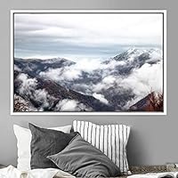Framed Canvas Wall Art Foggy Mountains Aerial Cool Multicolor Nature Photography Realism Relax/Calm Rustic Wilderness - 16x24 inches