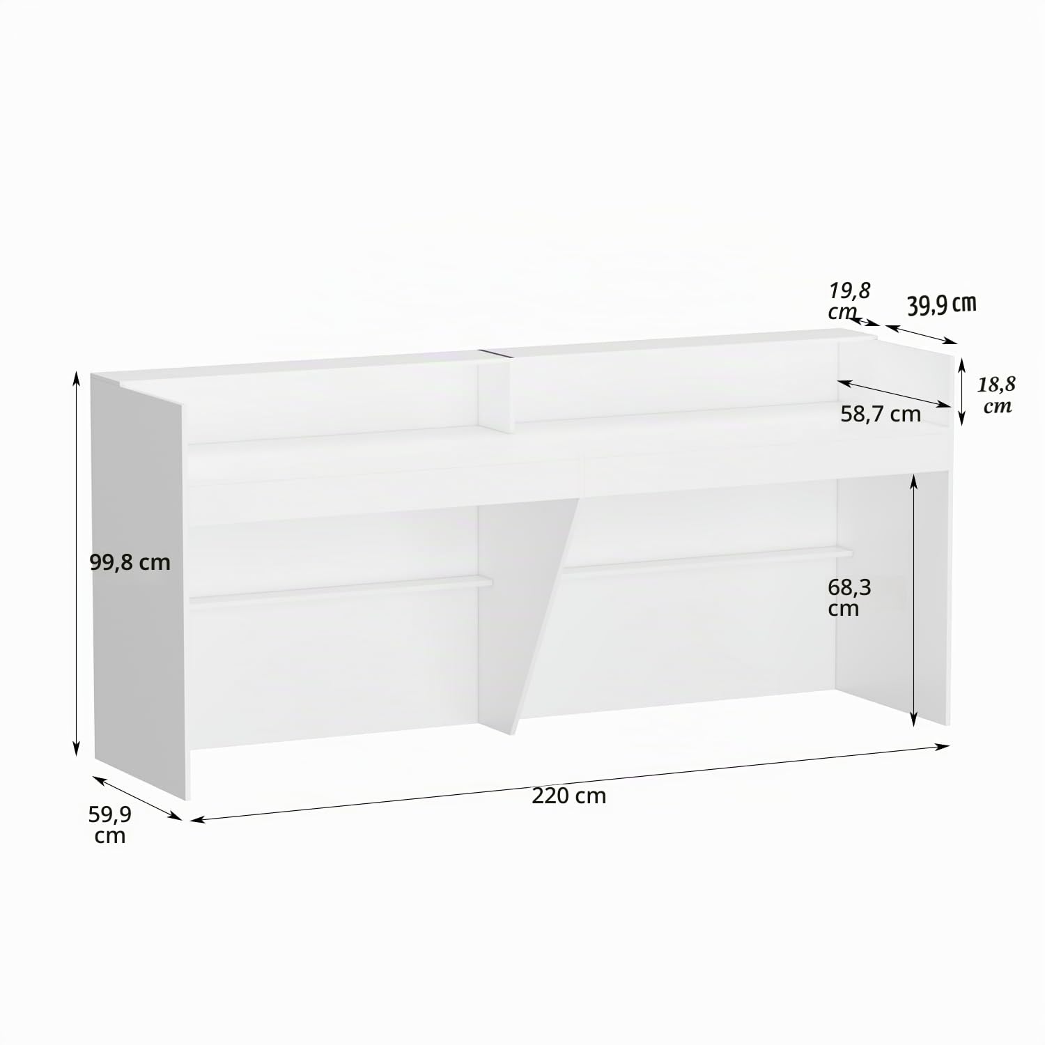 Banco di lavoro con grande superficie, bancone reception tavolo mobile, ufficio con protezione per la privacy, bianco, 220 x 60 x 100 cm