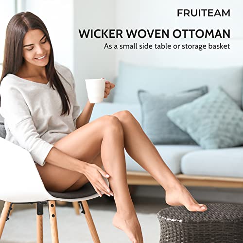 Fruiteam Patio Ottoman Wide Wicker Footstools, Outdoor Small Rattan Table Weather-Resistant Resin Barrel Storage Basket Outdoor Indoor Use #TOP2