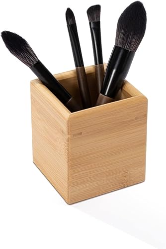 PELYN Organizador de brochas de maquillaje para tocador, organizador de cepillos de pelo para encimera de baño, bambú