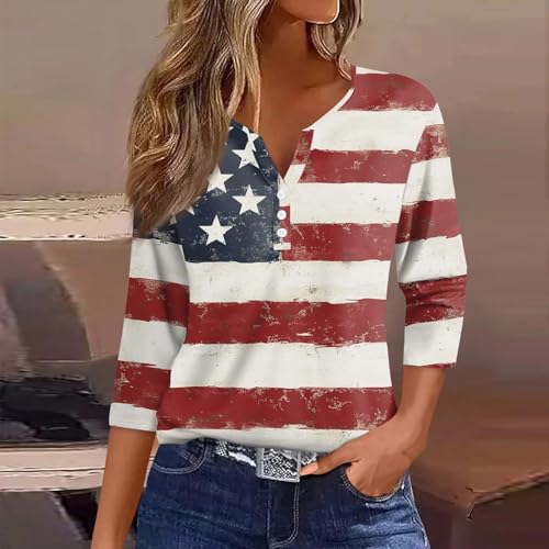 Image of 4th of July Shirts Women 3 /4 Length Sleeve Womens Tops Henley Neck Casual Patriotic T Shirts