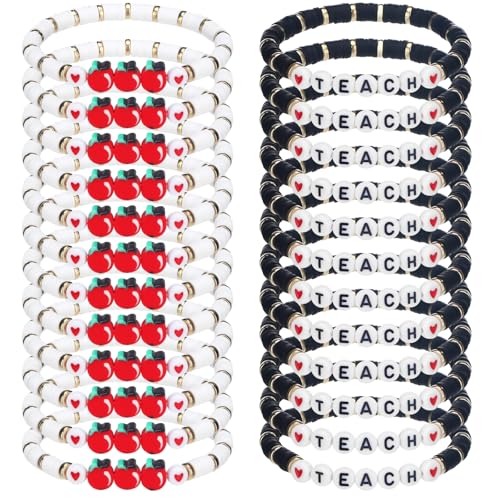 Image of Tondiamo Back to School Gift Bulk for Teacher Apple Pencils Bracelets Graduation Party Favor End of Year Gift Clay Beaded Bracelets for Teachers Thank You Gifts