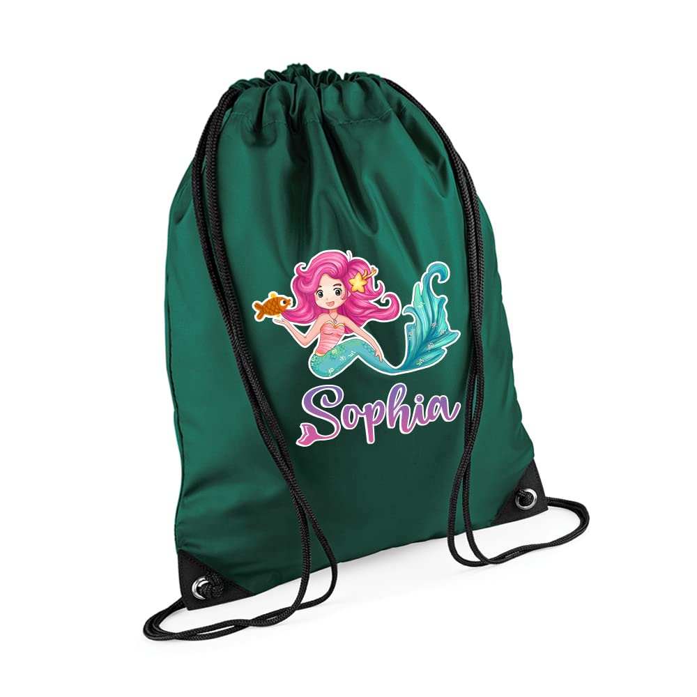 Mermaid Girl Gift Bag Personalised Backpack Mermaid Bag Gift for Kids-Girl Toddlers Birthday Girl Drawstring Bag, PE Gym Kit Swimming, Sport Rucksack. (Bottle Green)