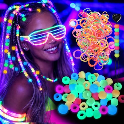 AIERSA Silicone Hair Beads for Glow in The Dark Party Supplies, 50pcs Neon Pony Beads for Braids, Light Up Glow Party Hair Accessories with Storage Box for Kids, Teens and Adults