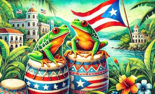 Image of BlissYard Puerto Rico Banner 71 x 43 Inches Tropical Frog Drum Flag Backdrop Puerto Rican Festival Party Decoration Caribbean Culture Wall Hanging for Fiesta Parade Home Outdoor Decor